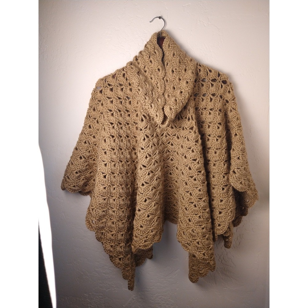 Anonymous Hand Made Wool Shawl Poncho Sweater Cable Knit Brown Knit Women's